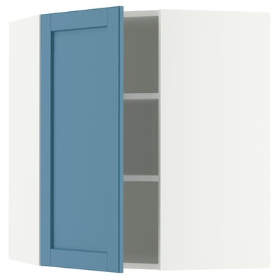 METOD Élément mural angle + tablettes, blanc/Lerhyttan bleu, 68x80 cm