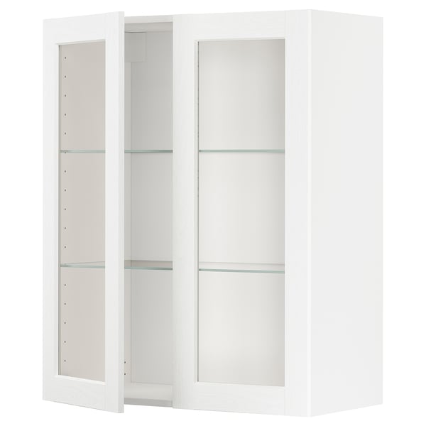METOD Élément mural+tablettes/2ptes vitr, blanc Enköping/blanc effet bois, 80x100 cm