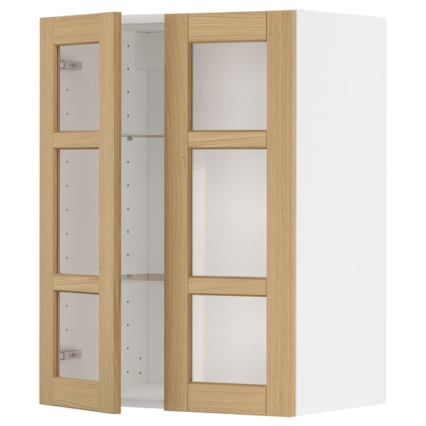 METOD Élément mural+tablettes/2ptes vitr, blanc/Forsbacka chêne, 60x80 cm