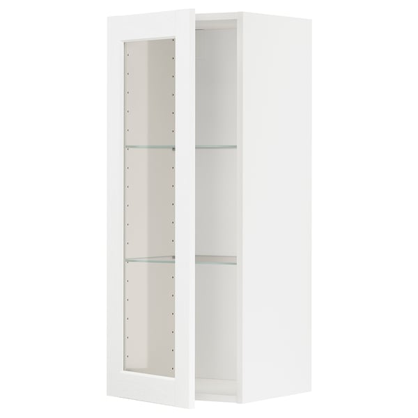 METOD Élément mural+tablettes/pte vitrée, blanc Enköping/blanc effet bois, 40x100 cm