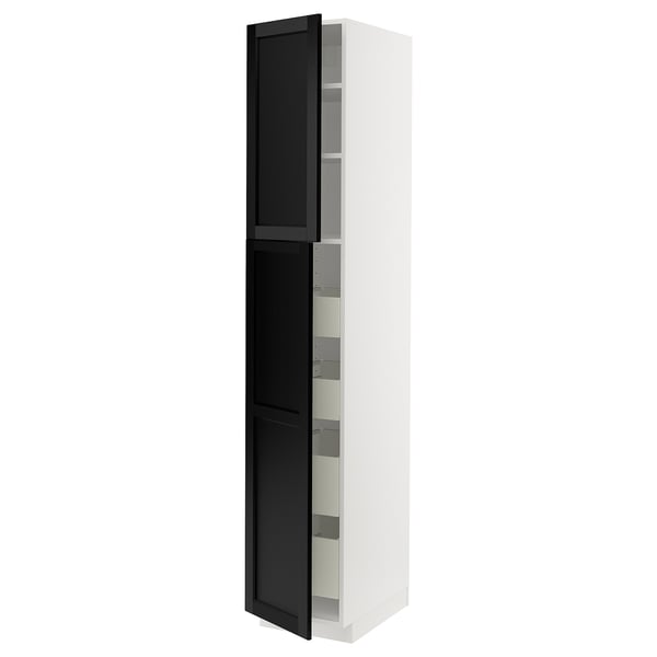 METOD / MAXIMERA Armoire 2 portes/4 tiroirs, blanc/Lerhyttan teinté noir, 40x60x220 cm