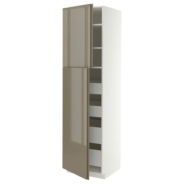 METOD / MAXIMERA Armoire 2 portes/4 tiroirs, blanc/VOXTORP gris-brun foncé brillant vertical, 60x60x220 cm