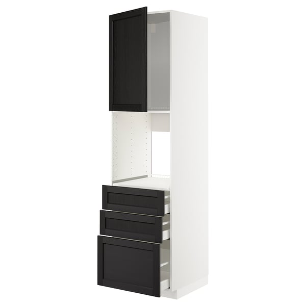 METOD / MAXIMERA Armoire four+porte/3 tiroirs, blanc/Lerhyttan teinté noir, 60x60x220 cm