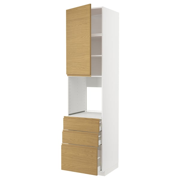 METOD / MAXIMERA Armoire four+porte/3 tiroirs, blanc/Voxtorp motif chêne, 60x60x240 cm