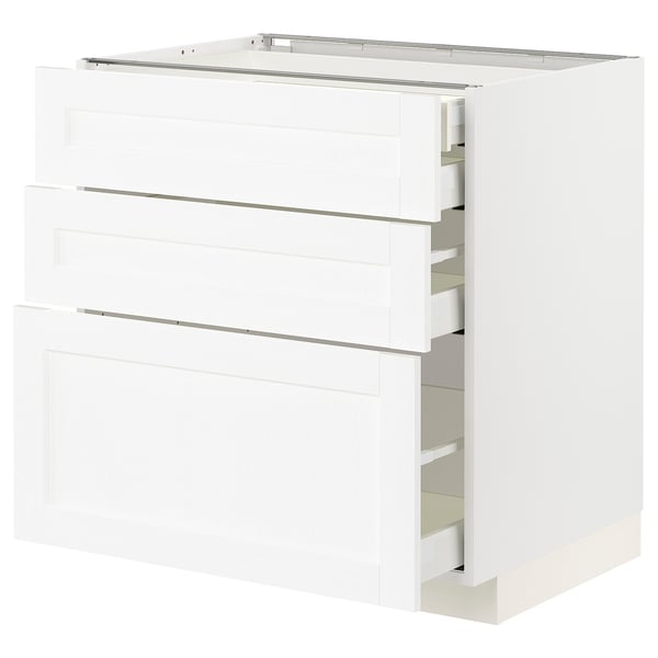 METOD / MAXIMERA Élément bas 3faces/2tir bs+1moy+1ht, blanc Enköping/blanc effet bois, 80x60 cm