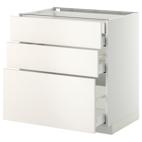 METOD / MAXIMERA Élément bas 3faces/2tir bs+1moy+1ht, blanc/Veddinge blanc, 80x60 cm