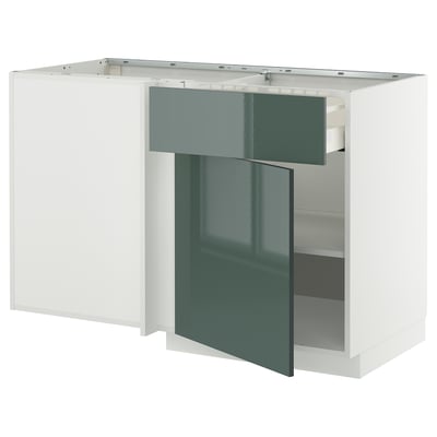 METOD / MAXIMERA Élément bas angle tiroir+tablette, blanc/Kallarp gris-vert foncé brillant, 128x68 cm