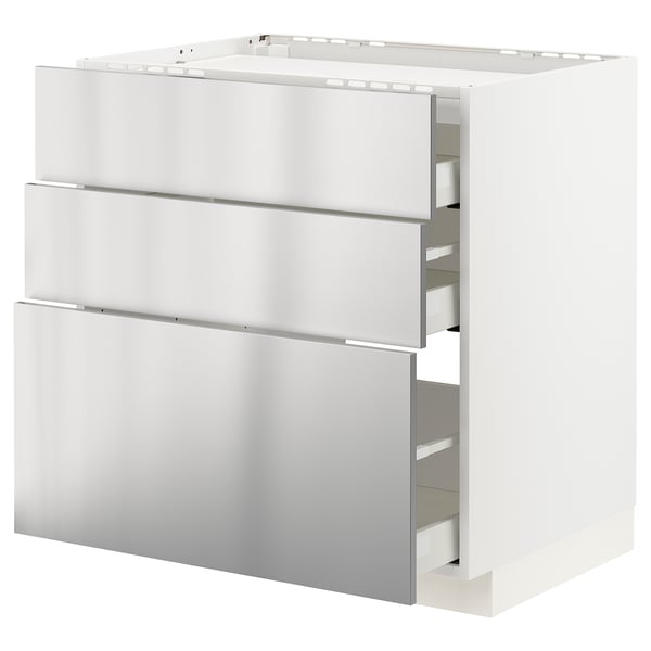 METOD / MAXIMERA Élément bas table cuisson/3fcs/3tir, blanc/Vårsta acier inoxydable, 80x60 cm