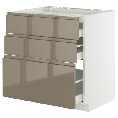 METOD / MAXIMERA Élément bas table cuisson/3fcs/3tir, blanc/Voxtorp gris-brun foncé haute brillance, 80x60 cm