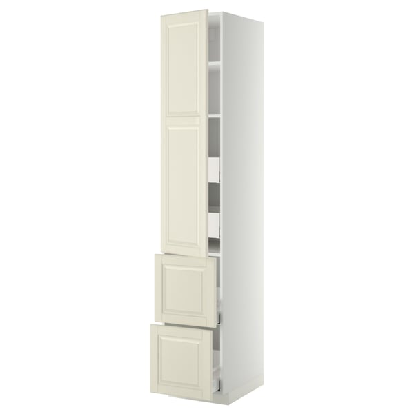METOD / MAXIMERA Élément haut+tablettes/4tir/pte/2fc, blanc/Bodbyn blanc cassé, 40x60x220 cm
