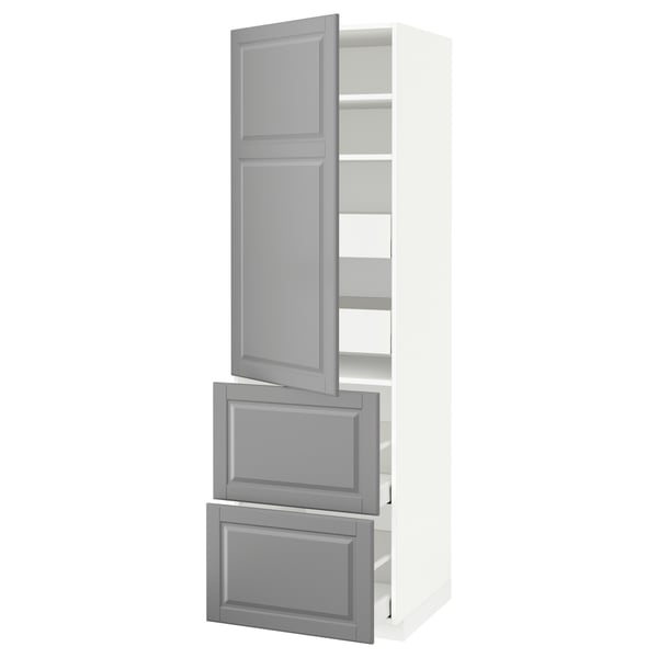 METOD / MAXIMERA Élément haut+tablettes/4tir/pte/2fc, blanc/Bodbyn gris, 60x60x200 cm