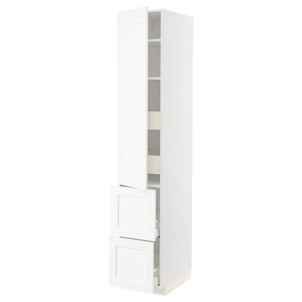 METOD / MAXIMERA Élément haut+tablettes/4tir/pte/2fc, blanc Enköping/blanc effet bois, 40x60x220 cm