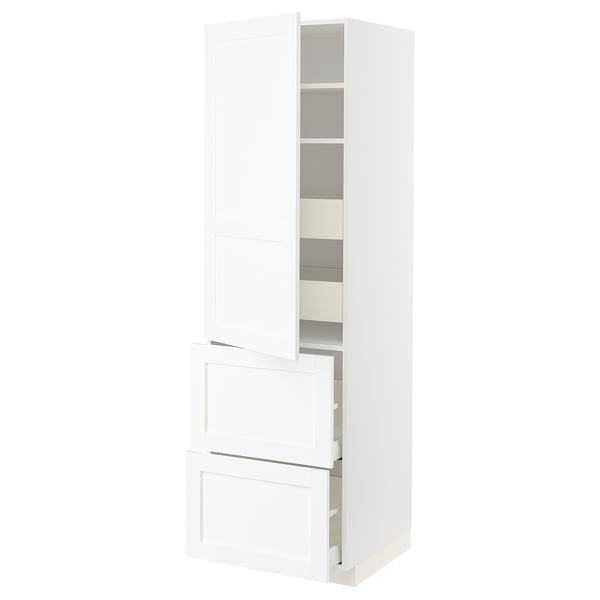 METOD / MAXIMERA Élément haut+tablettes/4tir/pte/2fc, blanc Enköping/blanc effet bois, 60x60x200 cm