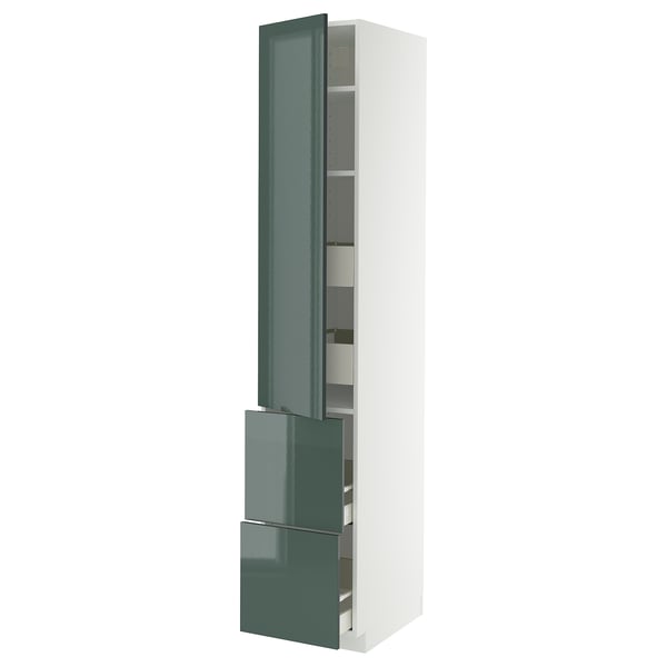 METOD / MAXIMERA Élément haut+tablettes/4tir/pte/2fc, blanc/Kallarp gris-vert foncé brillant, 40x60x220 cm