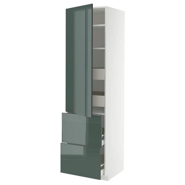 METOD / MAXIMERA Élément haut+tablettes/4tir/pte/2fc, blanc/Kallarp gris-vert foncé brillant, 60x60x220 cm