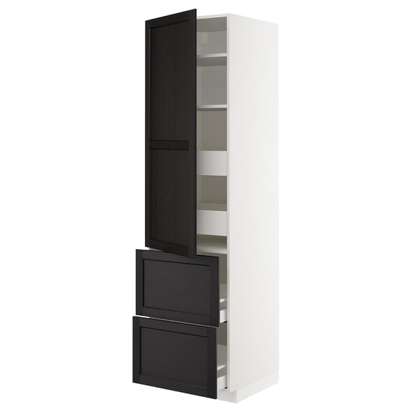 METOD / MAXIMERA Élément haut+tablettes/4tir/pte/2fc, blanc/Lerhyttan teinté noir, 60x60x220 cm