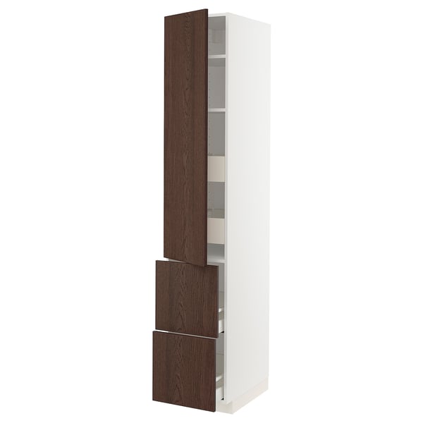 METOD / MAXIMERA Élément haut+tablettes/4tir/pte/2fc, blanc/Sinarp brun, 40x60x220 cm