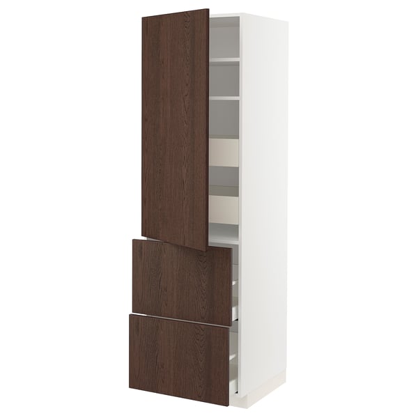 METOD / MAXIMERA Élément haut+tablettes/4tir/pte/2fc, blanc/Sinarp brun, 60x60x200 cm