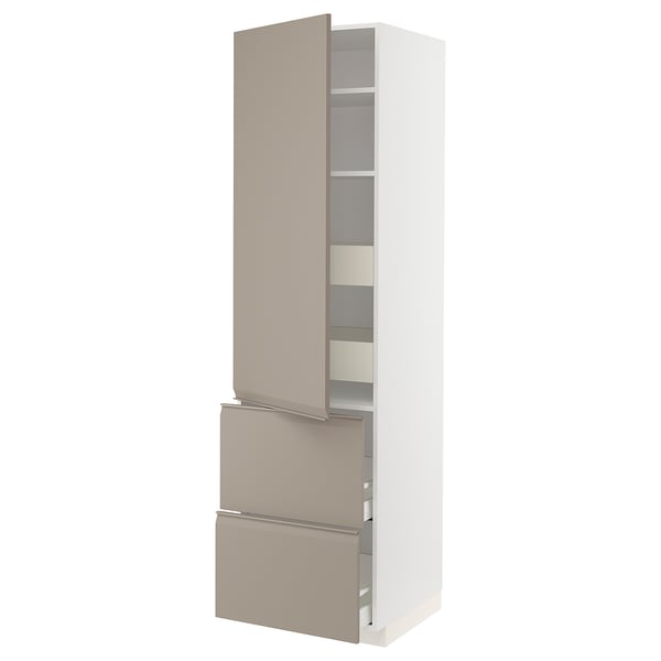 METOD / MAXIMERA Élément haut+tablettes/4tir/pte/2fc, blanc/Upplöv beige foncé mat, 60x60x220 cm