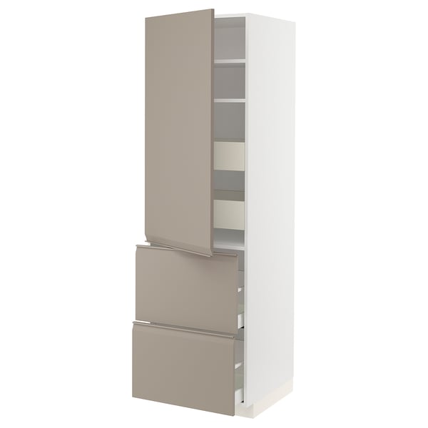 METOD / MAXIMERA Élément haut+tablettes/4tir/pte/2fc, blanc/Upplöv beige foncé mat, 60x60x200 cm