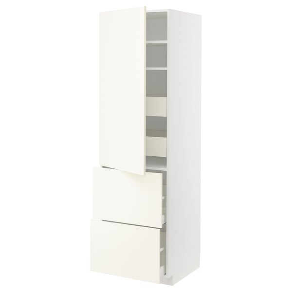 METOD / MAXIMERA Élément haut+tablettes/4tir/pte/2fc, blanc/Vallstena blanc, 60x60x200 cm