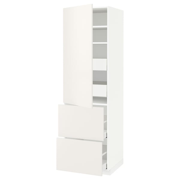 METOD / MAXIMERA Élément haut+tablettes/4tir/pte/2fc, blanc/Veddinge blanc, 60x60x200 cm