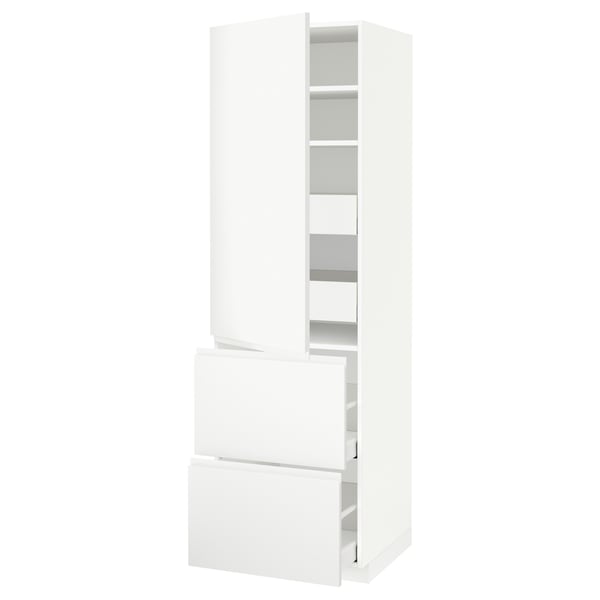METOD / MAXIMERA Élément haut+tablettes/4tir/pte/2fc, blanc/Voxtorp blanc mat, 60x60x200 cm