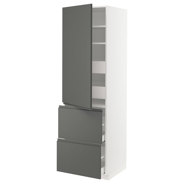 METOD / MAXIMERA Élément haut+tablettes/4tir/pte/2fc, blanc/Voxtorp gris foncé, 60x60x200 cm