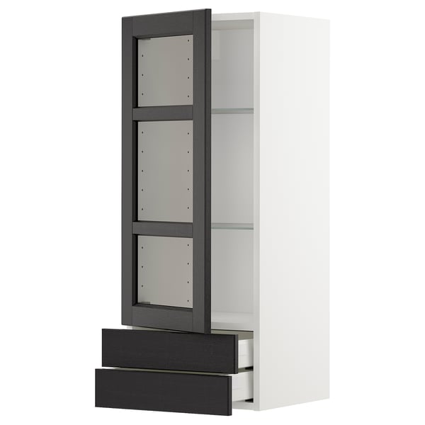 METOD / MAXIMERA Élément mural pte vitrée/2 tiroirs, blanc/Lerhyttan teinté noir, 40x100 cm