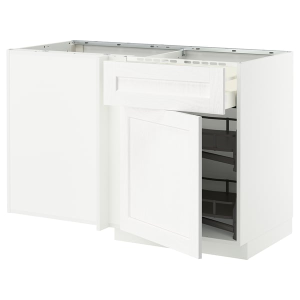 METOD / MAXIMERA Élt bas angle+tiroir et amén coul, blanc Enköping/blanc effet bois, 128x68 cm