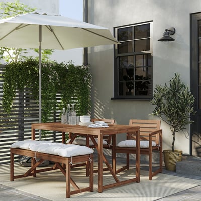 NÄMMARÖ Table+2 chaises+banc, ext, teinté brun clair/Kuddarna beige-gris clair, 140x75 cm