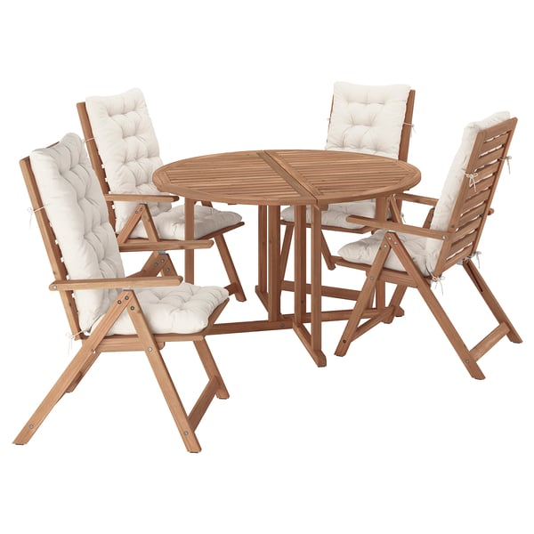 NÄMMARÖ Table+4 chais doss régl, extérieur, teinté brun clair/Kuddarna gris clair-beige, 130 cm