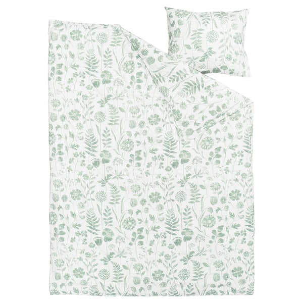 NÅLBJÖRNBÄR Housse de couette et 1 taie, blanc gris vert/motif floral, 150x200/50x60 cm