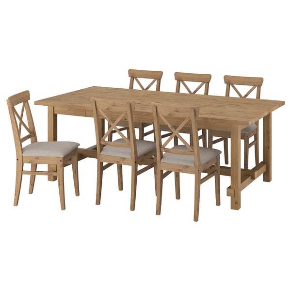 NORDVIKEN / INGOLF Table et 6 chaises, vernis effet anc/Nolhaga gris-beige vernis effet anc, 210/289 cm