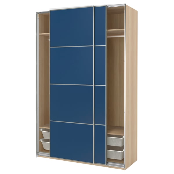 PAX / MEHAMN Armoire pte coul, effet chêne blanchi aluminium/motif noyer bleu, 150x66x236 cm