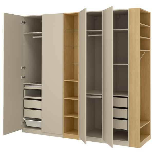 PAX / REINSVOLL Combinaison armoire, gris-beige gris-beige/motif chêne, 255x60x236 cm