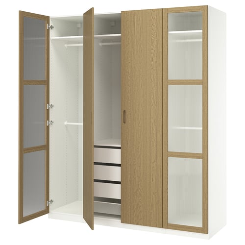 PAX / TONSTAD Combinaison armoire, blanc/plaqué chêne verre, 200x60x236 cm