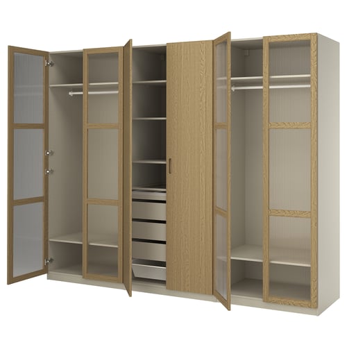 PAX / TONSTAD Combinaison armoire, gris-beige/plaqué chêne verre, 300x60x236 cm