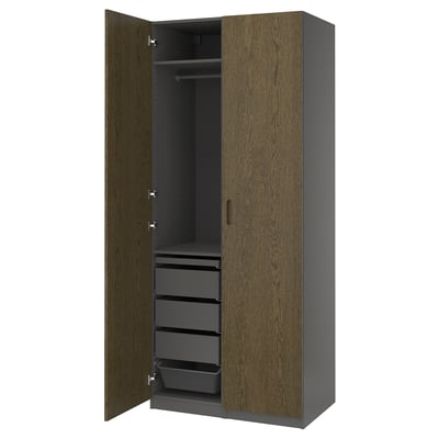 PAX / TONSTAD Combinaison armoire, gris foncé/brun placage chêne teinte, 100x60x236 cm
