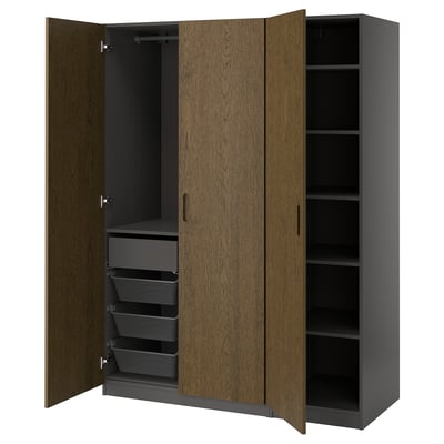 PAX / TONSTAD Combinaison armoire, gris foncé/brun placage chêne teinte, 150x60x201 cm