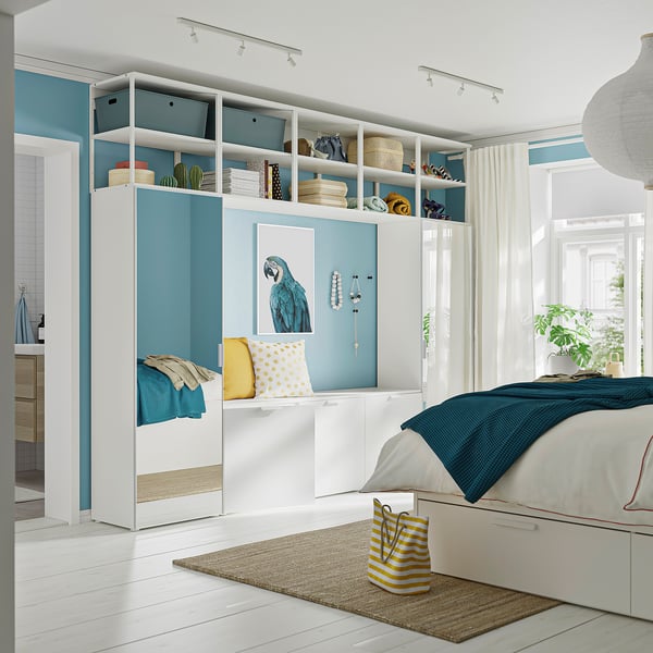 PLATSA Armoire-penderie 5 portes, blanc miroir en verre STRAUMEN/blanc FONNES, 300x42x241 cm