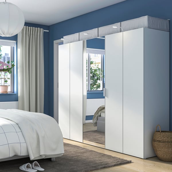 PLATSA Armoire-penderie 5 portes, blanc miroir en verre STRAUMEN/blanc FONNES, 220x57x181 cm