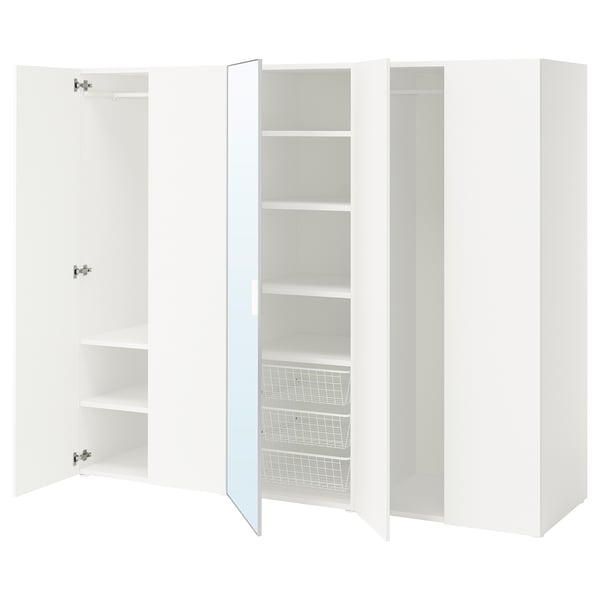 PLATSA Armoire-penderie 5 portes, blanc miroir en verre STRAUMEN/blanc FONNES, 220x57x181 cm