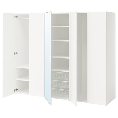 PLATSA Armoire-penderie 5 portes, blanc miroir en verre STRAUMEN/blanc FONNES, 220x57x181 cm