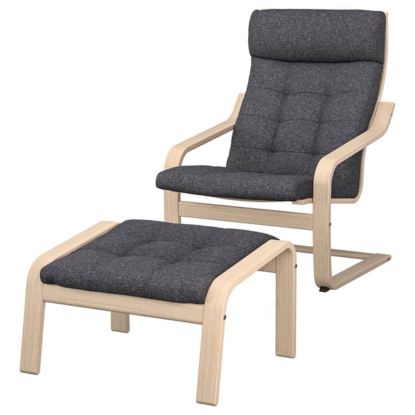 POÄNG Fauteuil avec repose-pieds, plaqué chêne blanchi/Gunnared gris foncé