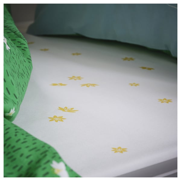 SKOGSDUVA Drap housse, blanc jaune/patron fleur, 90x200 cm