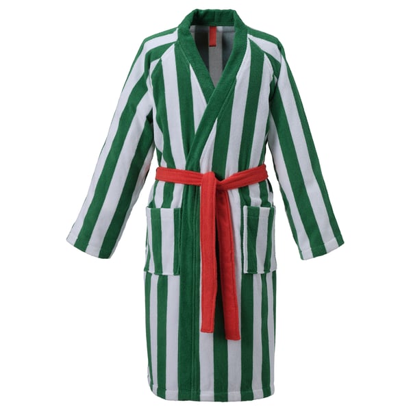 SKOGSSALLAT Peignoir, vert/blanc/rayé, L/XL