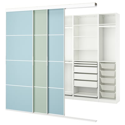 SKYTTA / PAX Dressing avec portes coulissantes, blanc double face/Mehamn bleu clair/vert clair, 251x115x240 cm