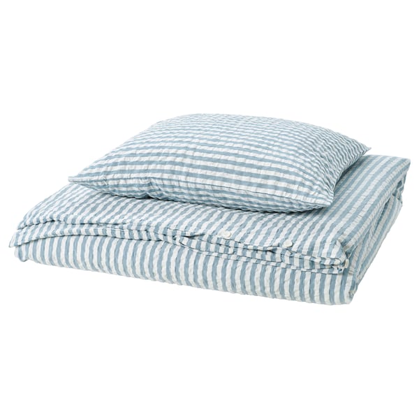 SMÅNUNNEÖRT Housse de couette et 1 taie, bleu gris foncé blanc/rayé, 150x200/50x60 cm