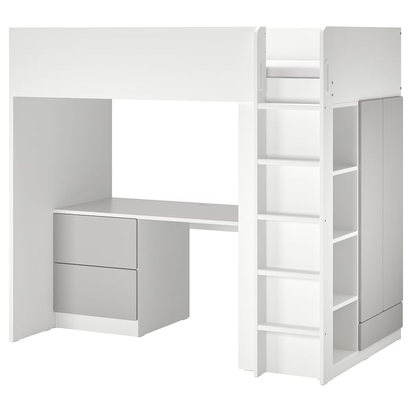 SMÅSTAD Lit mezzanine, blanc gris/avec bureau avec 3 tiroirs, 90x200 cm